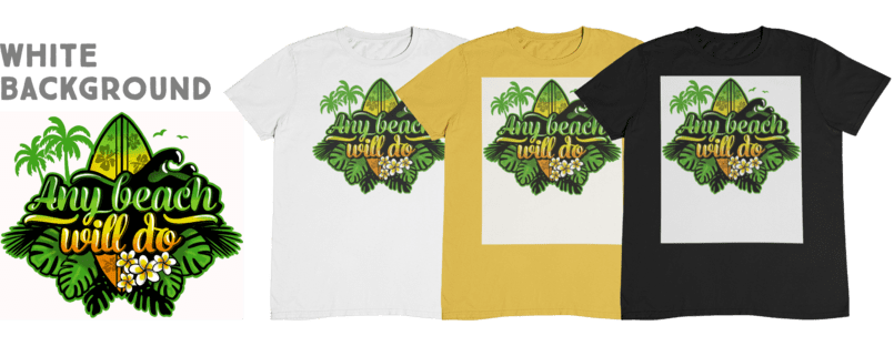 A white, yellow and black t-shirts with a beach print on a white background