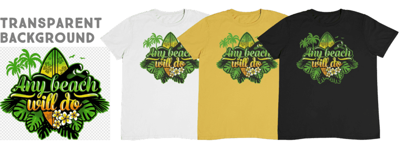 A white, a yellow and a black t-shirt, with a beach-motiv printed on.
