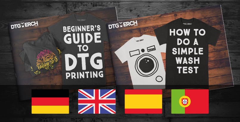 Two DTG Merch e-books on a woody surface. The image also presents four flags, being: Germany, UK, Spain and Portugal.